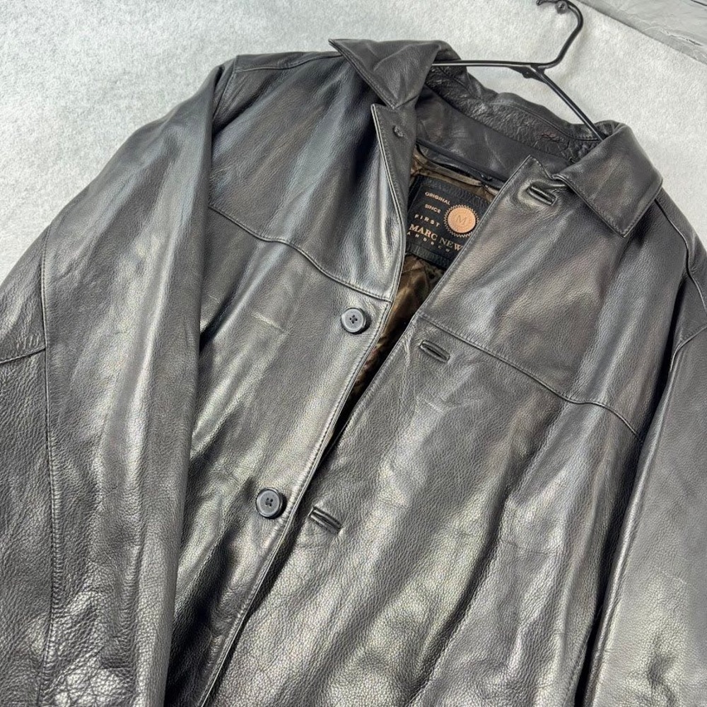 Marc New York Leather Jacket Mens L Black Solid Button Car Coat Trench VTG